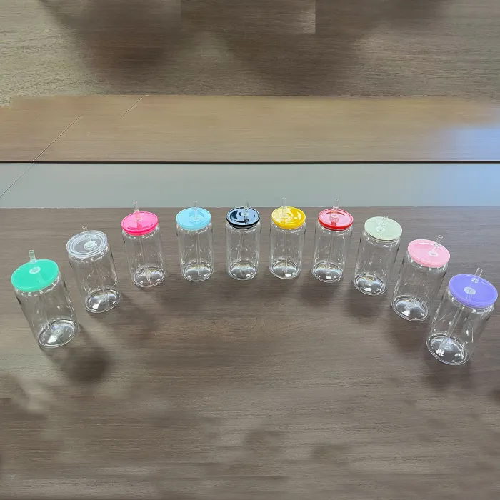 USA SHIP 16oz acrylic libbey can cups clear plastic drinking tumblers with colored PP lid straw cola food mason jars for vinly reusable cups 50pcs/cas