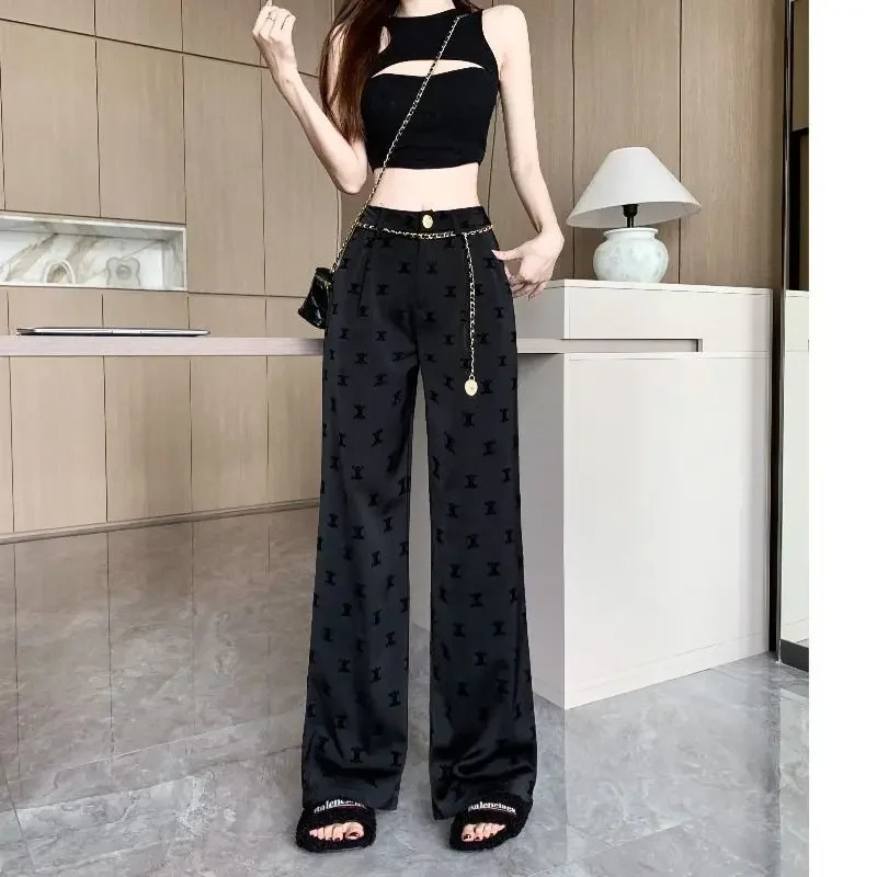 Womens High-waisted Slimming Black Casual Suit Pants Ice Silk Acid Bell Bottoms Thin Summer Style Draped Floor-length Trousers250324