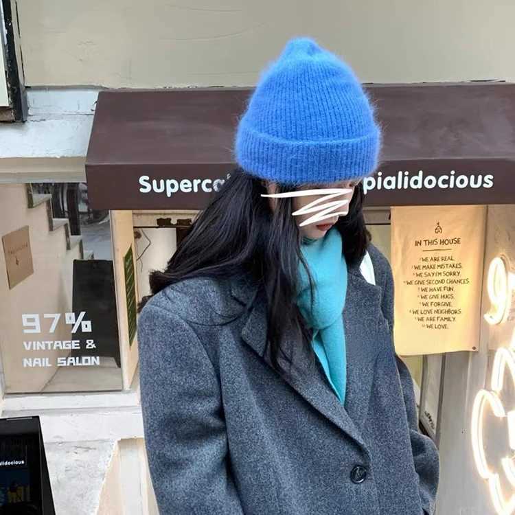Angora Rabbit Fur Knitted Hat Women Soft Warm Fluffy Winter Hat Korea Ins Fashion Beanies Female Bonnet Warm Knit Skullies CapXJ251101