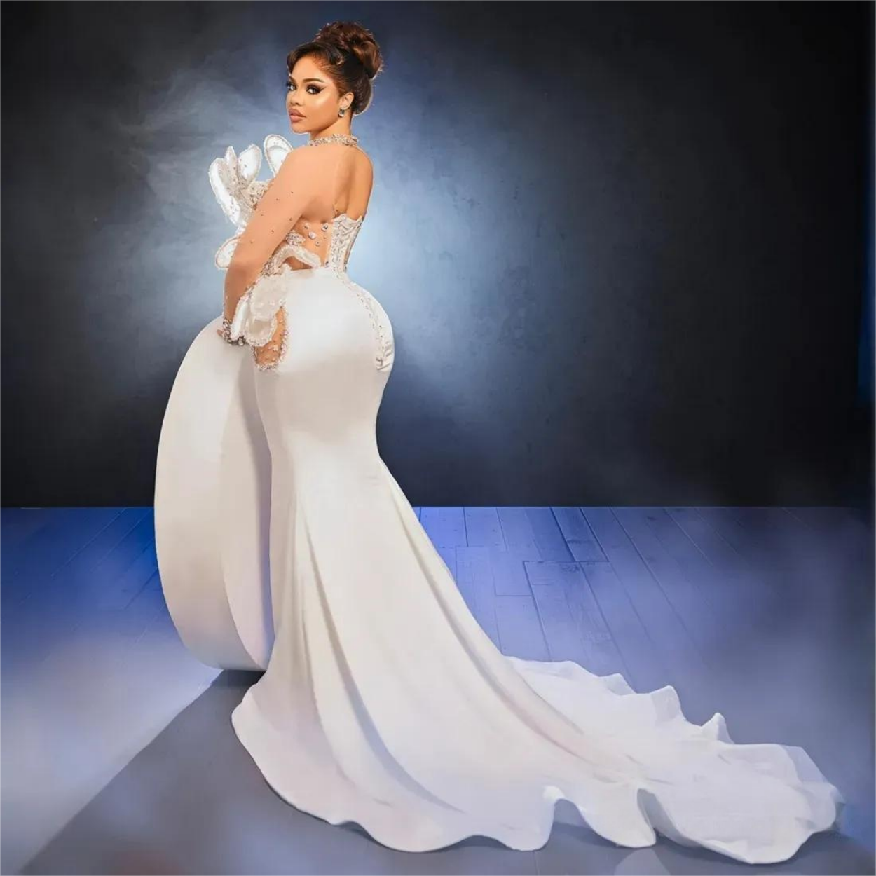 Prom Dresses for Black Women Mermaid Long Sleeves High Neck Illusion Rhinestones Promdress Evening DressesBirthday Party Dress Guest