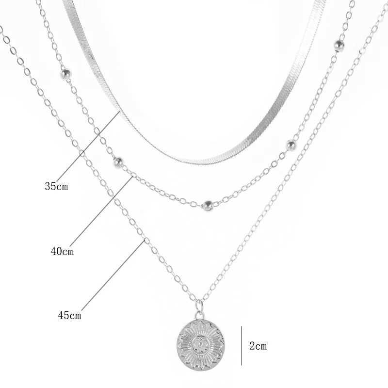Vintage Silver Color Round Multilayer Coin Necklace Snake Chain Party Gift for Womens Exquisite Fashion Jewelry PendantC250407