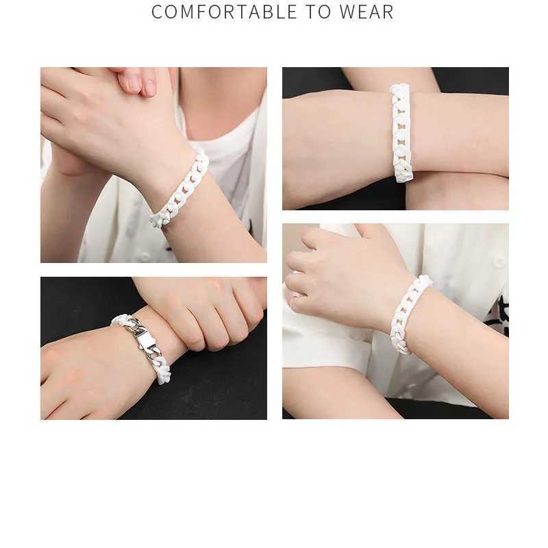 Simple stainless steel ceramic Cuban bracelet with male and female same patch work four sided grinding titanium steel accessories Y250329