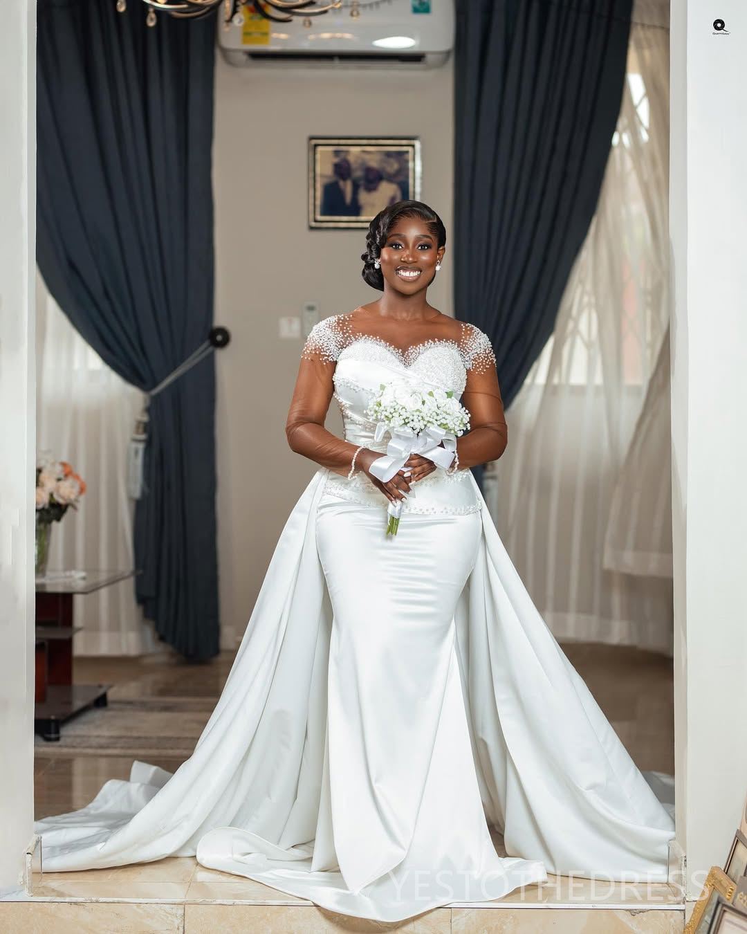 2025 Plus Size Mermaid Wedding Dress Bridal Gowns For Bride Detachable Train Sheer Neck Illusion Long Sleeves Beaded Lace Wedding Gowns For Black Wome