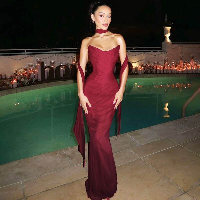 Amazon Cross-Border New Sexy Double-Layer Mesh Tube Top Slim Fit Bodycon Elegant Long Skirt Two-Piece Set 3dcb
