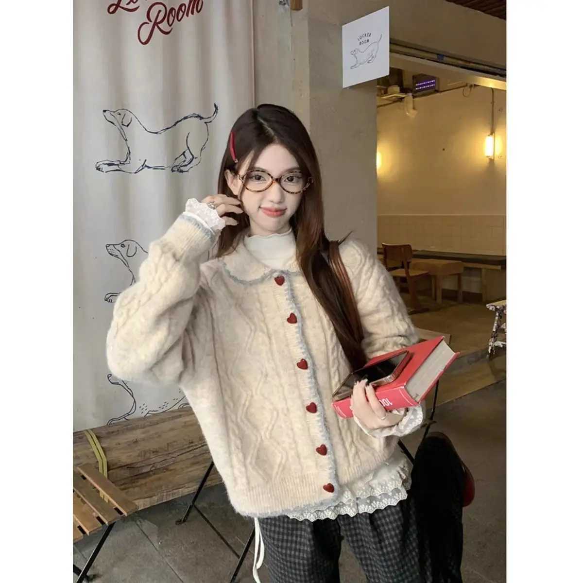 Autumn Winter Preppy Peter Pan Collar Knitted Cardigan Women Loose Soft Long Sleeve Sweater Coat Casual OutfitT251101