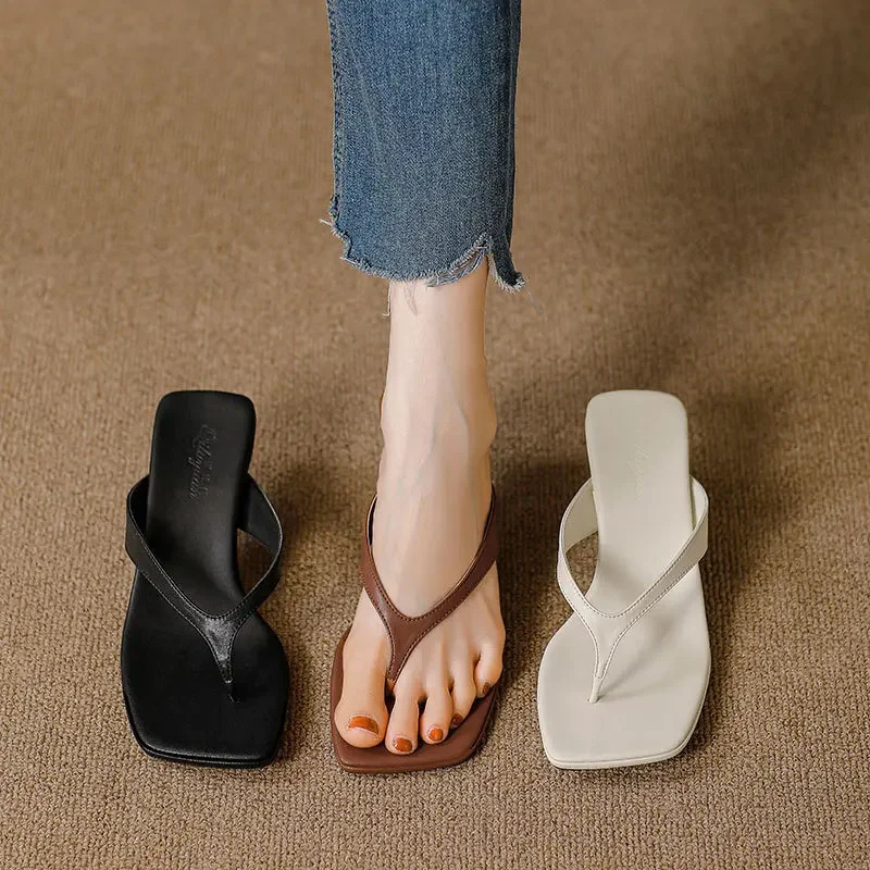 French square toe high-heeled shoes with slim heels summer fashion clip toe flip flops temperament kitten heel sandals 250401
