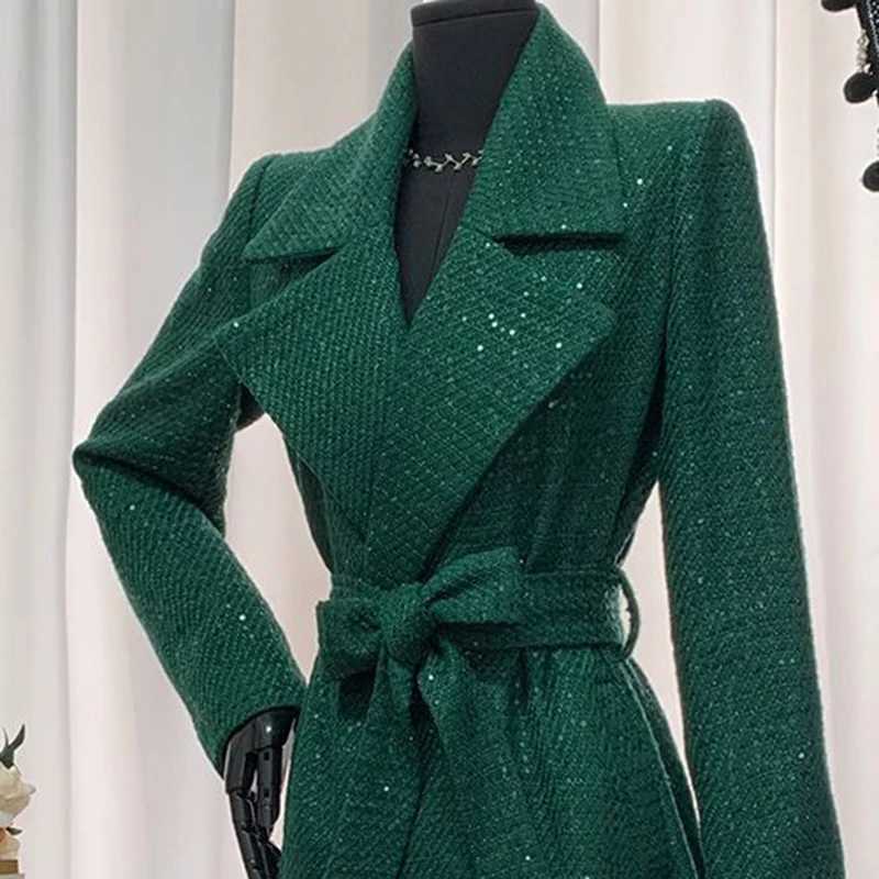 Overcoat 2025 New Fashion Lapel Women Woolen Coat Autumn Winter Temperament Green High Quality Korean Womens Woolen Coat H244T251101