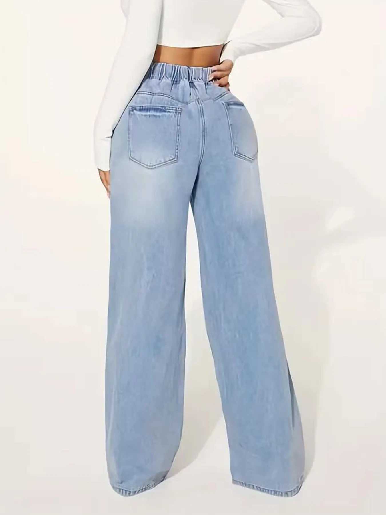 New Womens Fashionable Casual Straight Leg Jeans with Drawstring Washed Denim Versatile Jeans for Daily Use J251031