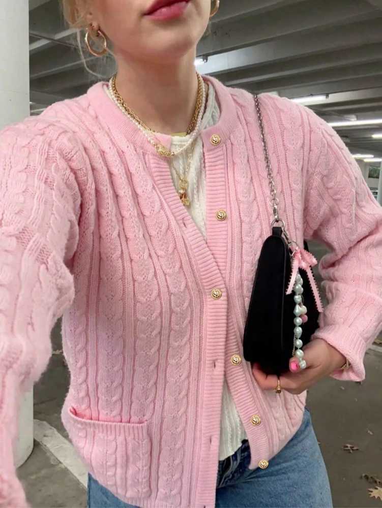 Versatile RoundNeck LongSleeved Elegant Cardigan Fashionable LooseFit ButtonFront Knitted Sweater Jacket for WomenT251101