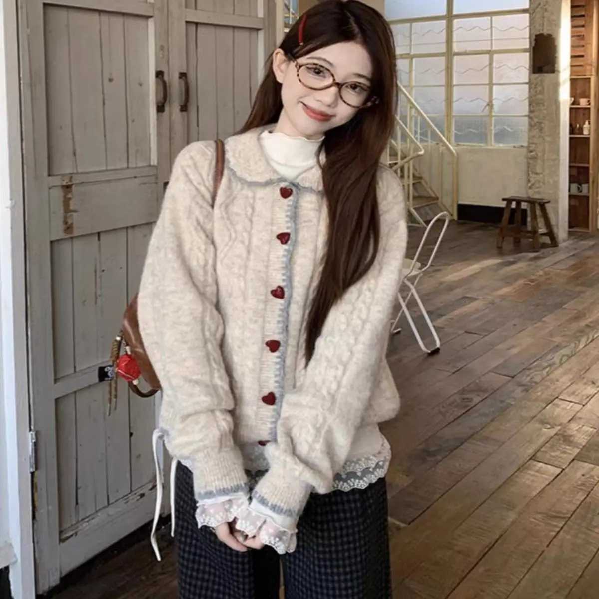 Autumn Winter Preppy Peter Pan Collar Knitted Cardigan Women Loose Soft Long Sleeve Sweater Coat Casual OutfitT251101