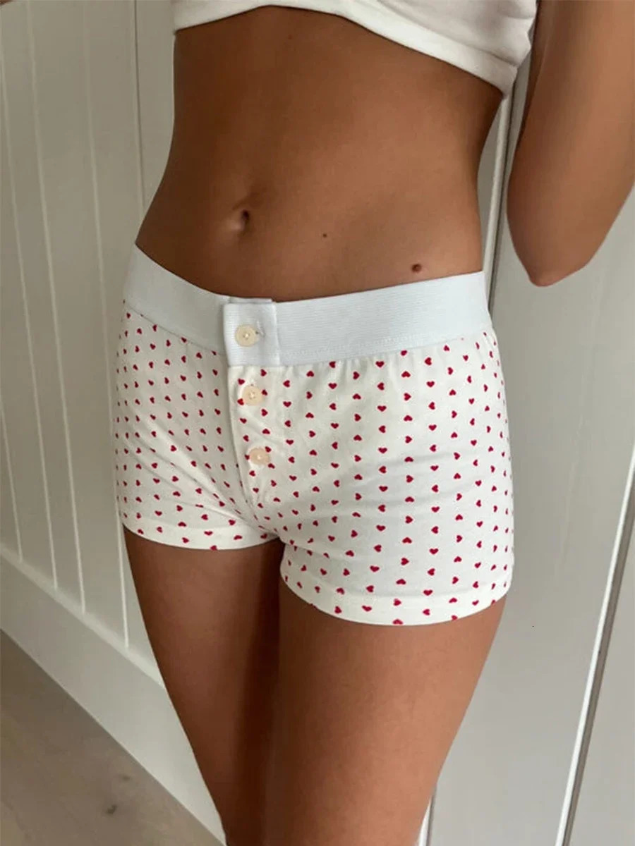 Womens Loungewear Shorts Y2K Vintage Low Waist Button Closure Graphic Printed Aesthetic Slim Pajama Bottoms Sleepwear 250401