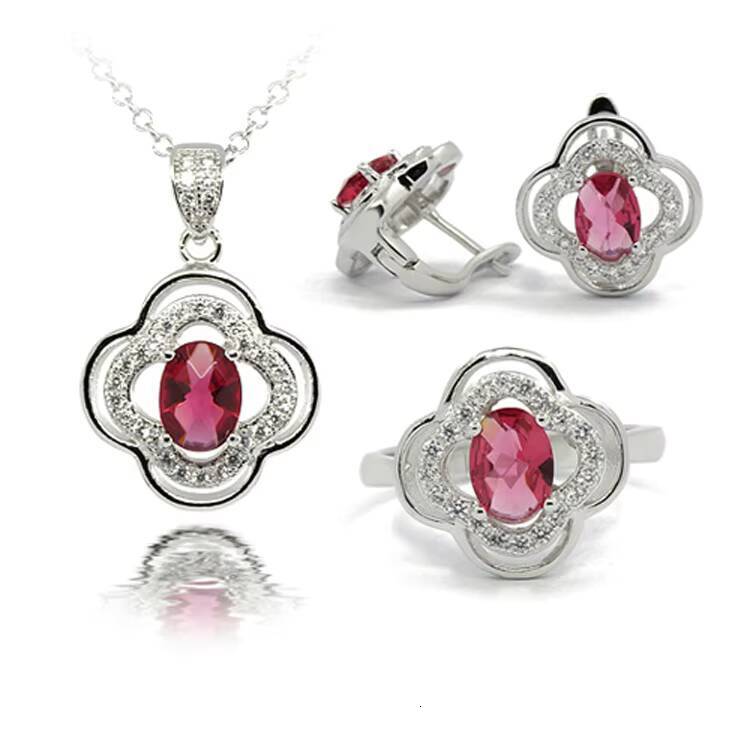 Pendant Necklace Earrings Ring 925 Silver Wholesale Luxury Wedding Jewelry Sets CZ Cubic Zircon Ruby Jewelry Set