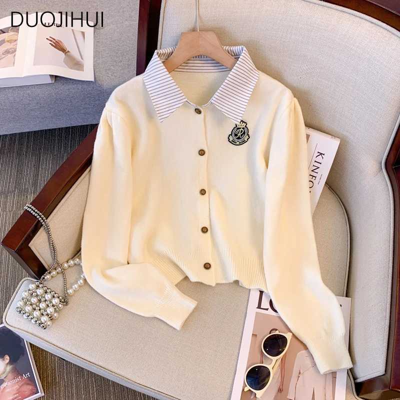 DUOJIHUI Polo Neck Fake Two Piece Sweater Women Cardigan Basic Simple Casual Spell Color Fashion Single Breasted Female CardiganT251101