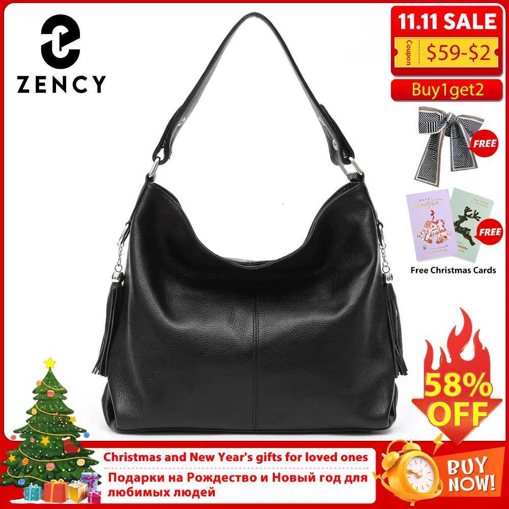 Zency Leather handbags Genuine For Women Fashion Tassel Hobo Bag Crossbody Plain Color Real Cowhide Leather Large Shopper BagW251101