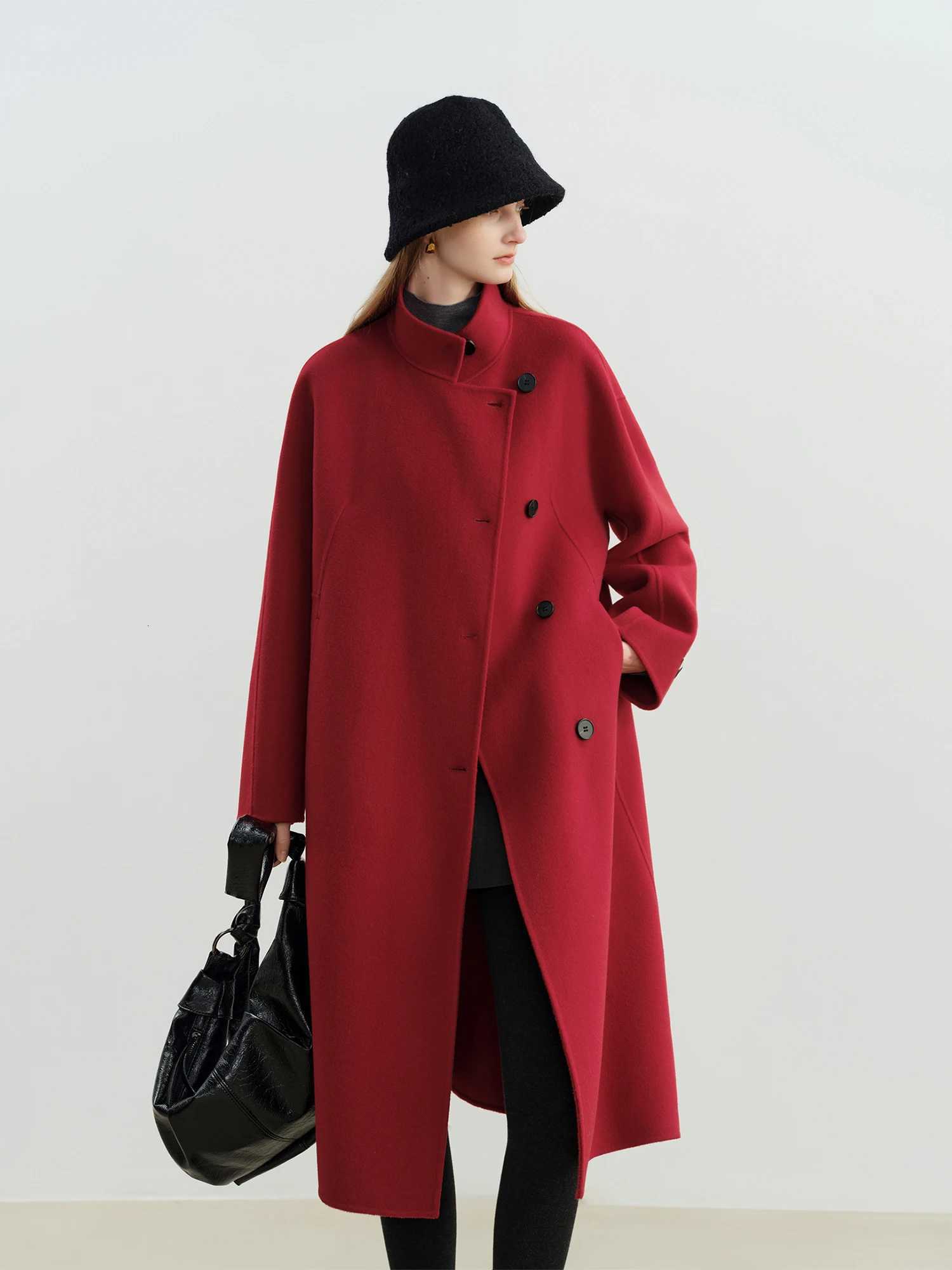 ZIQIAO New Year Red Doublefaced Woolen Coat for Women Kneelength Loose Single Breasted 2025 New Wool Coat TemperamentT251101