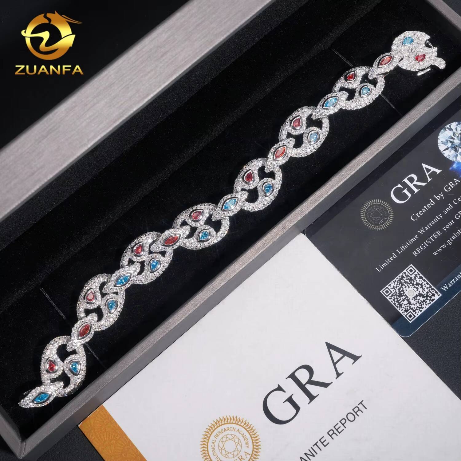 Top Quality 16mm Iced Out Color Diamond Moissanite GRA Certificate 925 Silver Hip Hop Bracelet
