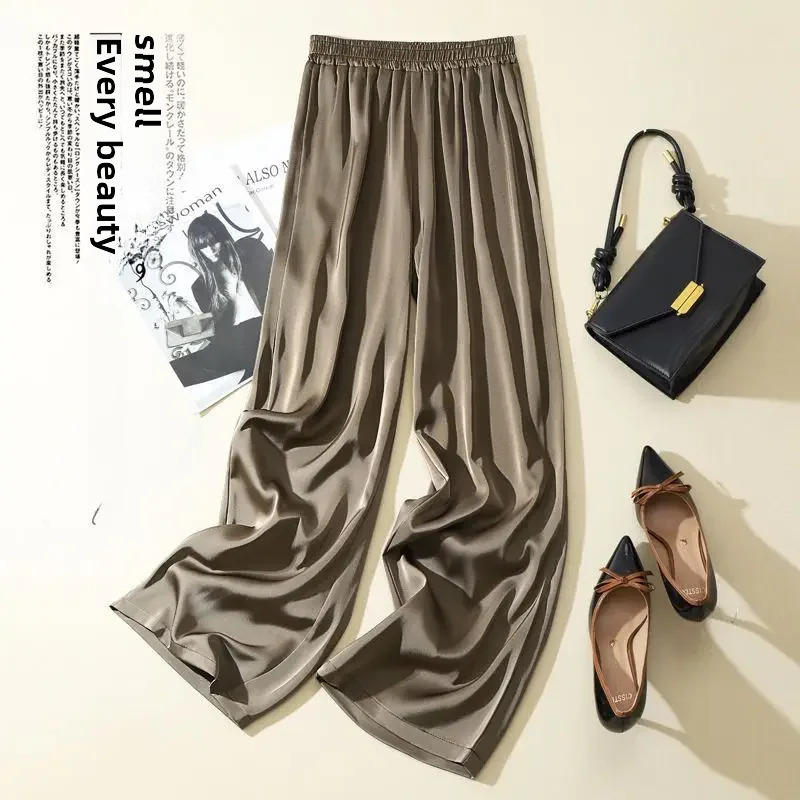 Womens High Ice Silk Draped Bell Bottoms Slim Fit Straight Leg Pants Smooth Acidic Silk Face Trousers Spring Summer Autumn250324