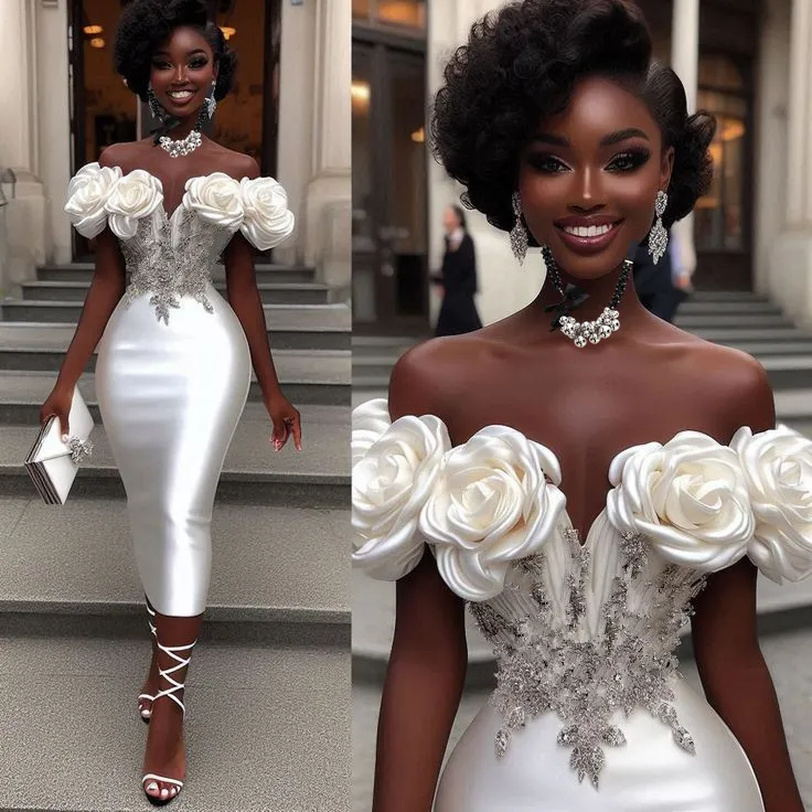 Short Sheath Wedding Dresses Off The Shoulder 3D Flowers Beading Tea Length Bridal Gowns vestidos de novia