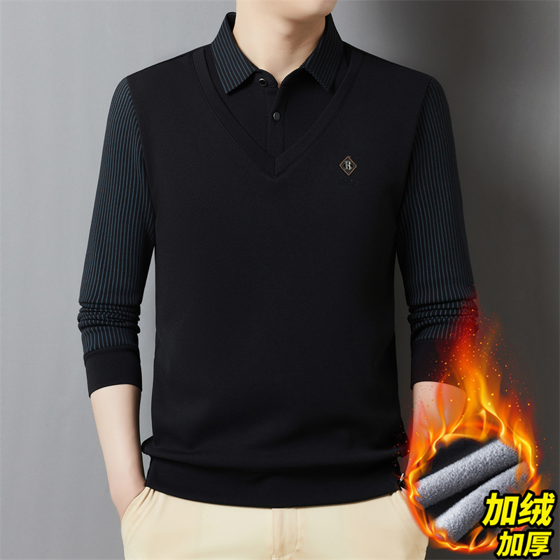 Men's Polo Designer Base Shirt Shirt Fleece Lined Thickened Winter New Fashion Warm Turn-down Collar Fake Two-piece Striped Long Sleeve Designer 