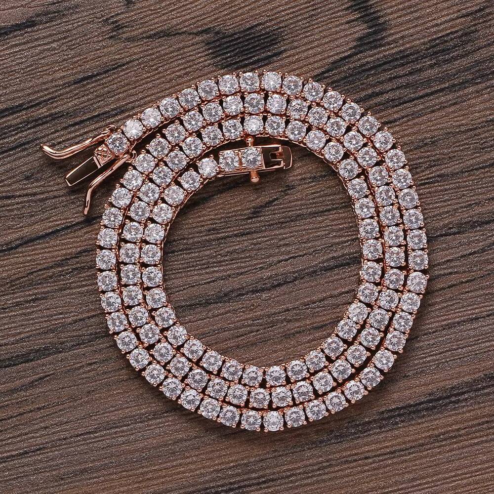 Diamond Vvs Rose Gold Pure 925 Sterling Silver 2mm Wholesale Tennis Moissanite Chain Link Necklace