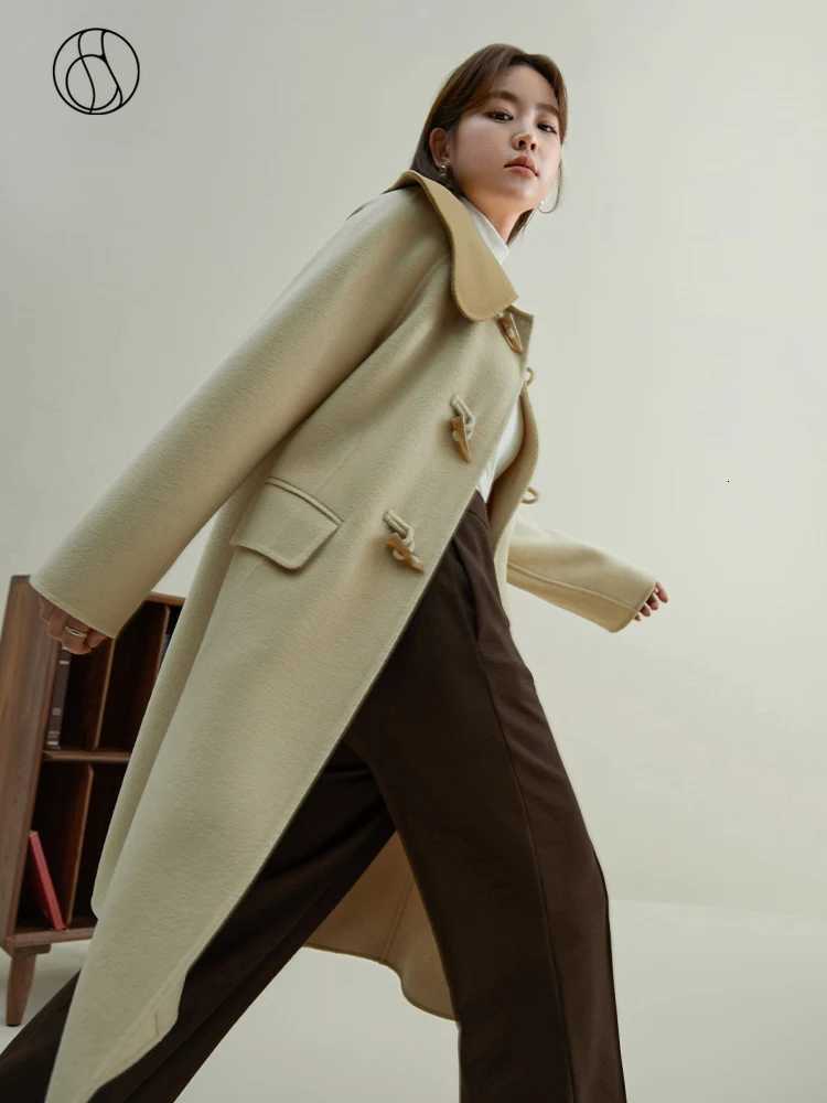 DUSHU 100 Wool Peter Pan Collar Women Horn Button Women Beige MidLength Woolen Coats Contrasting Color Design Cute Wool JacketT251101