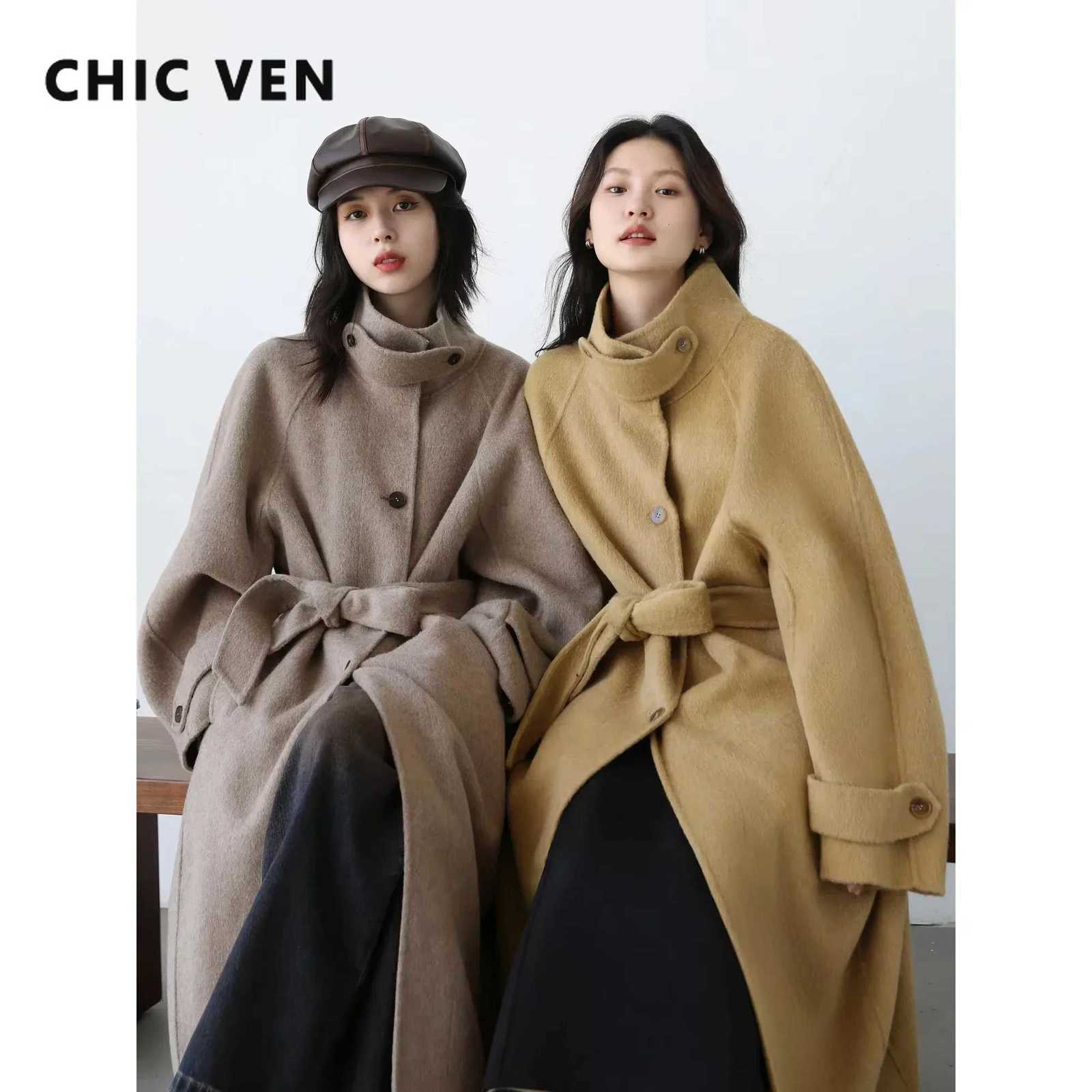 CHIC VEN Korean Women Woolen Coat Single Breasted Loose Stand Collar Belt Long Doublesided Ladies Overcoat Autumn Winter 2024T251101