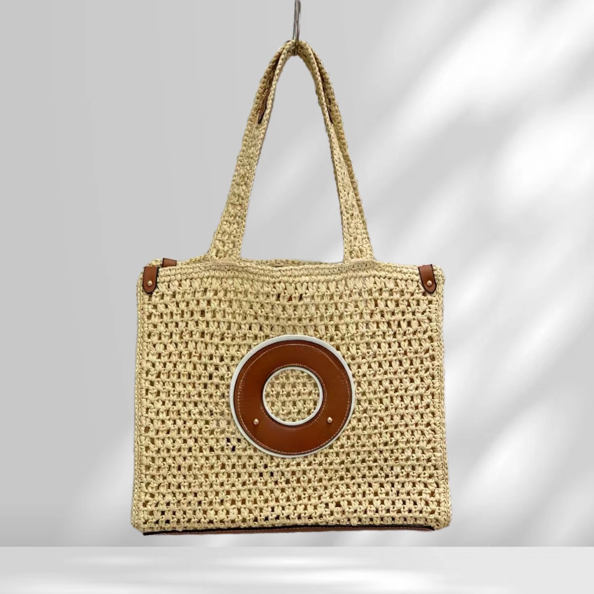 Brown and Beige Beach Cloth Shopping bag Tote Bag Canvas Linen Classic Striped Braid Quilted Chain Large Capacity Outdoor