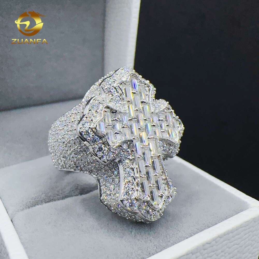 ZUANFA Jewelry hip hop sterg sier Cross Ring baguette VVS Moissanite men dia ring