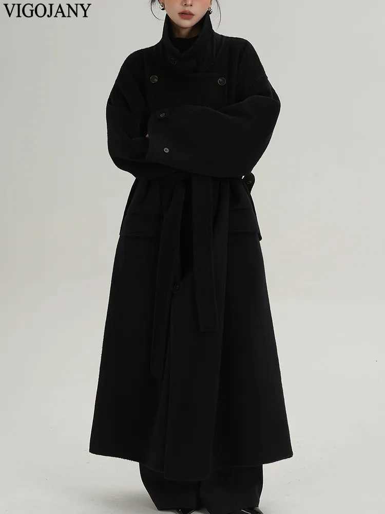 Winter Women Loose Nature 100 Wool Long Coat 2025 Casual Doublebreasted Cashmere Jacket Lady Black Long Sleeve Woolen CoatT251101