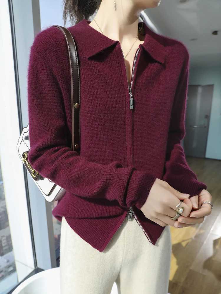 Autumn Winter Women Zipper Cashmere Cardigan POLO Collar Casual Sweater 70 Merino Wool and 30 Goat Cashmre Knitwear Female CoT251101