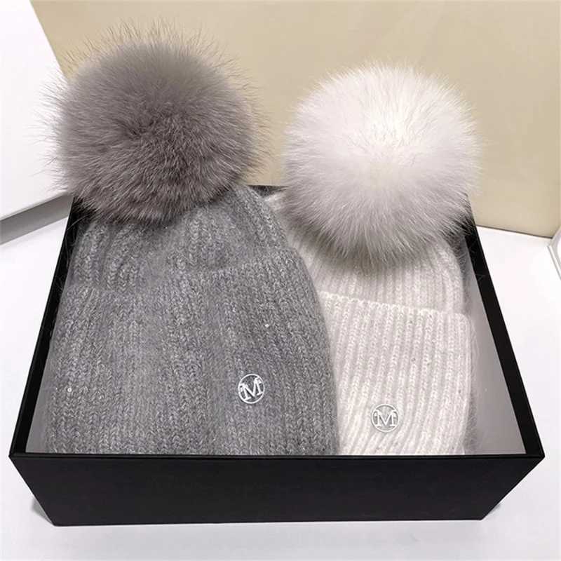 New In Hat Real Fur Pom Poms Hat Women Outdoor Warm Skullies Beanie Winter Hat for Women Rabbit Knitted Thick CAP ChristmasXJ251101