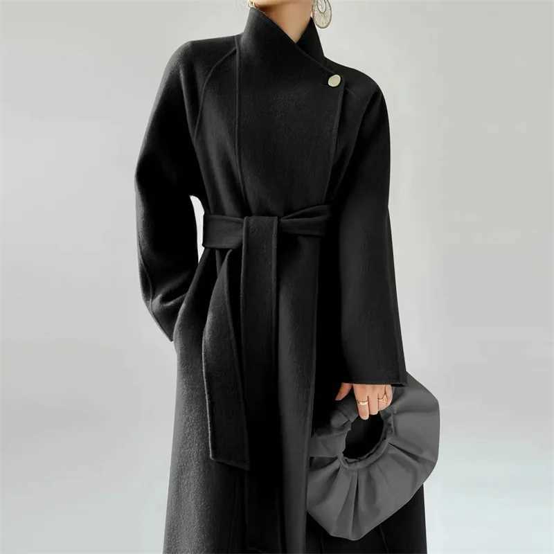 Green Stand collar Woolen Coat Womens Autumn Winter 2025 New Slim Socialite Temperament Knee length Lace up Wool CoatsT251101