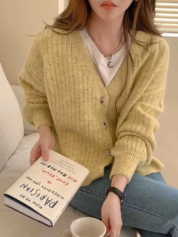 New Womens Vneck Longsleeved Cardigan Sweater Autumn and Winter Knitwear Solid Color Loose Singlebreasted Sweater JacketT251101