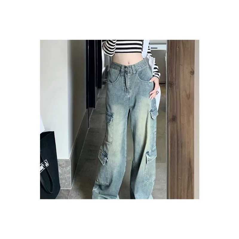 Womens Straight Jeans Leisure Comfortable Skinfriendly Vintage Chic Slim Fit pocket Front High Waist American Casual Wide Leg J251031