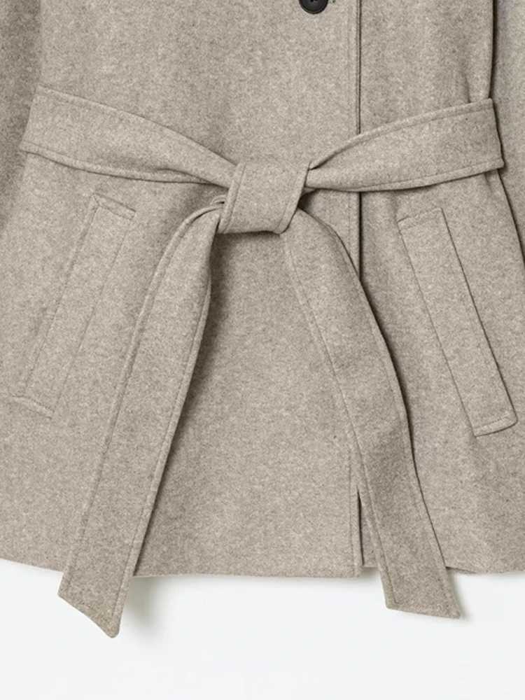 Womens Soft Woolen Coat with Belt DoublePosition Collar Long Sleeve Front Pockets Chic Female Outerwear TopT251101