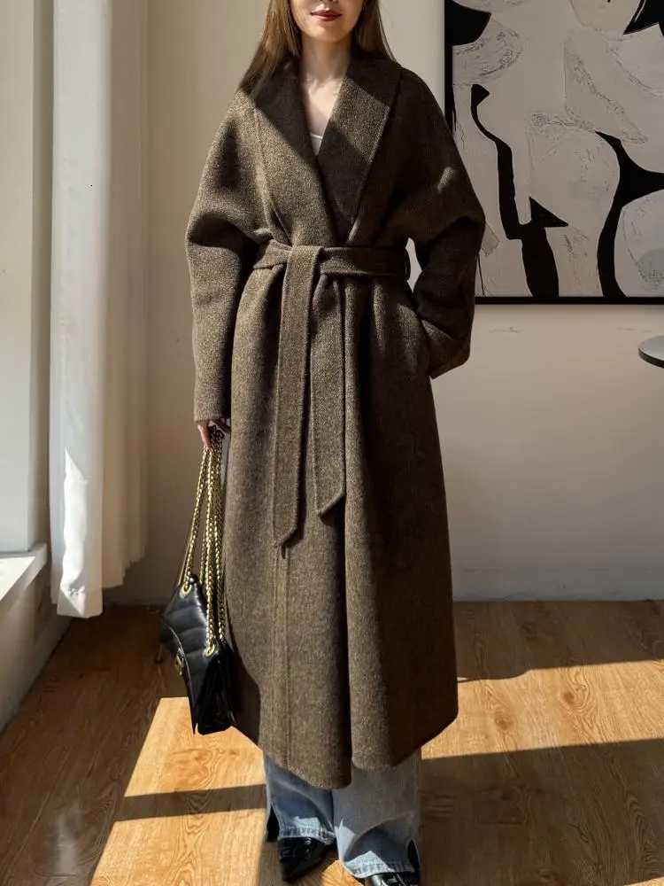 Office Lady Woolen Jackets 2025 Autumn And Winter Shoal Collar Bathrobe Style LaceUp Loose Womens Long 100 Wool CoatsT251101