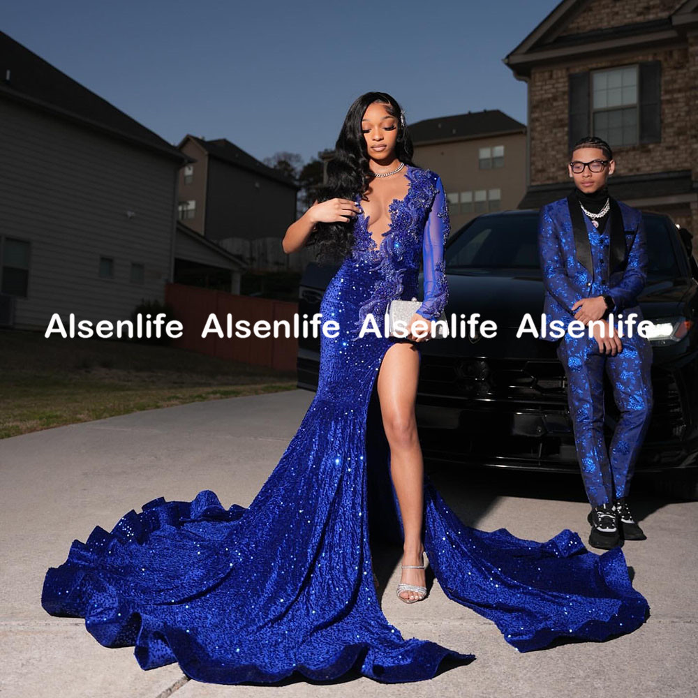 Shinny Royal Blue Prom Dresses Mermaid 2025 Sheer Long Sleeves Slit Evening Dress Crystal Red Carpet Runway Party Dress Customized