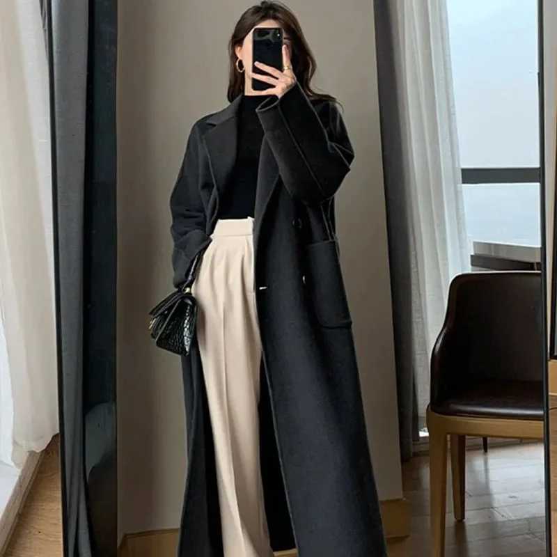 Womens Coat Winter Korean Fashion Long Coated Thickened Woolen Winter Coat for Women Black Coat HarajukuT251101