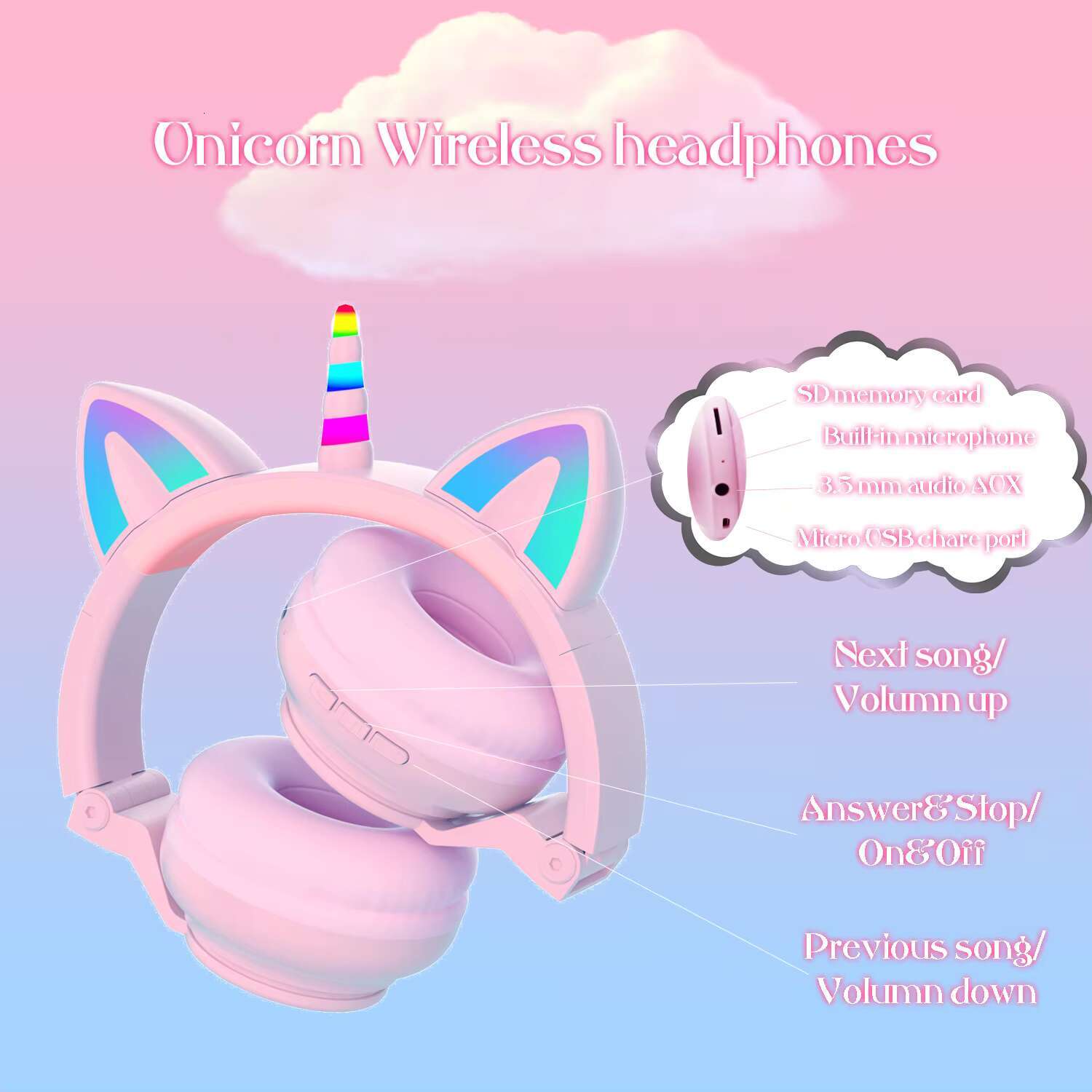 YUSONIC Cute Unicorn Wireless Bluetooth 5.3 Earphones LED Battery Flash Lamp TF Card Support Birthday Gift for Kids Girls