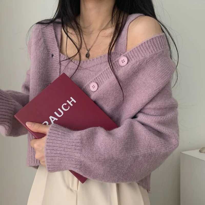 2025 Autumn Winter Korean Knitted Twopiece Set of Solid Color Long Sleeve VNeck Cardigan and Sleeveless Vest Casual KnitwearT251101