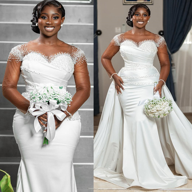 2025 Plus Size Mermaid Wedding Dress Bridal Gowns For Bride Detachable Train Sheer Neck Illusion Long Sleeves Beaded Lace Wedding Gowns For Black Wome