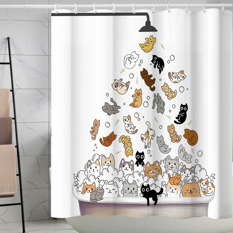 YL-37615 Digital Shower Curtain for Kitty Bathing, Bathroom Dry and Wet Separation, Polyester with Hooks, Isolation Curtain