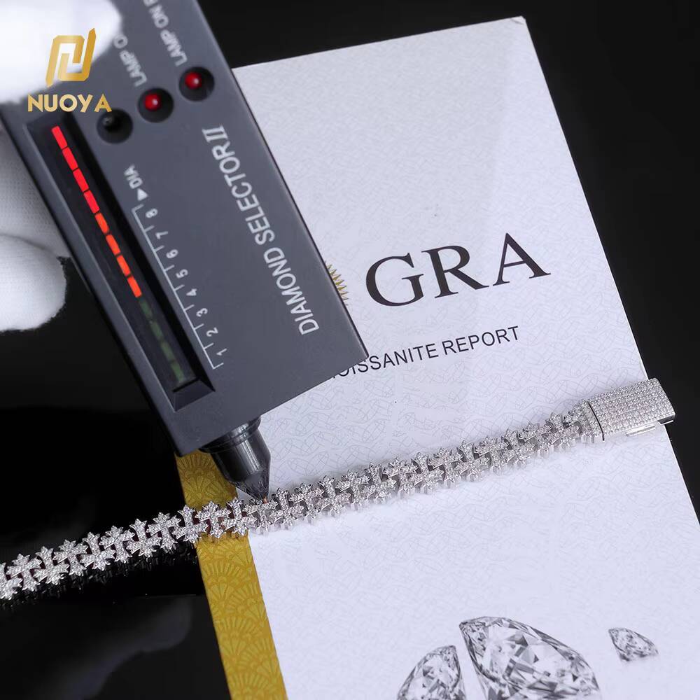 NUOYA 8MM Cross Cuban Chain VVS Moissanite Hip Hop Bracelet 925 Silver for Men and Women Cross Cuban Bracelet for Men and Women