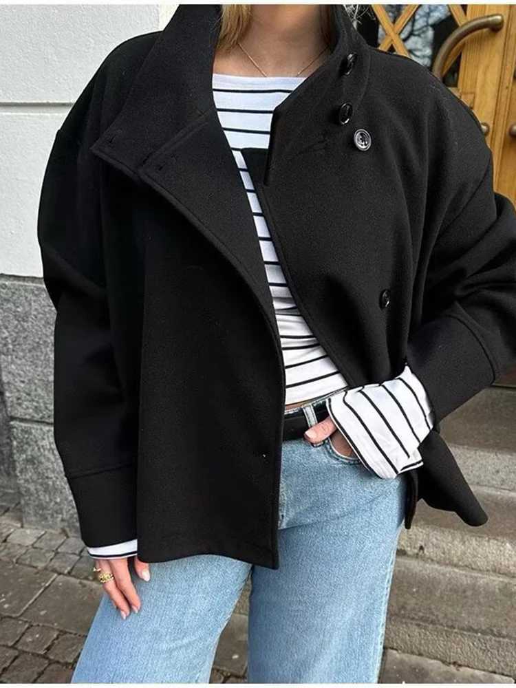 European style new womens fashion versatile temperament simple stand collar short loose woolen coatT251101