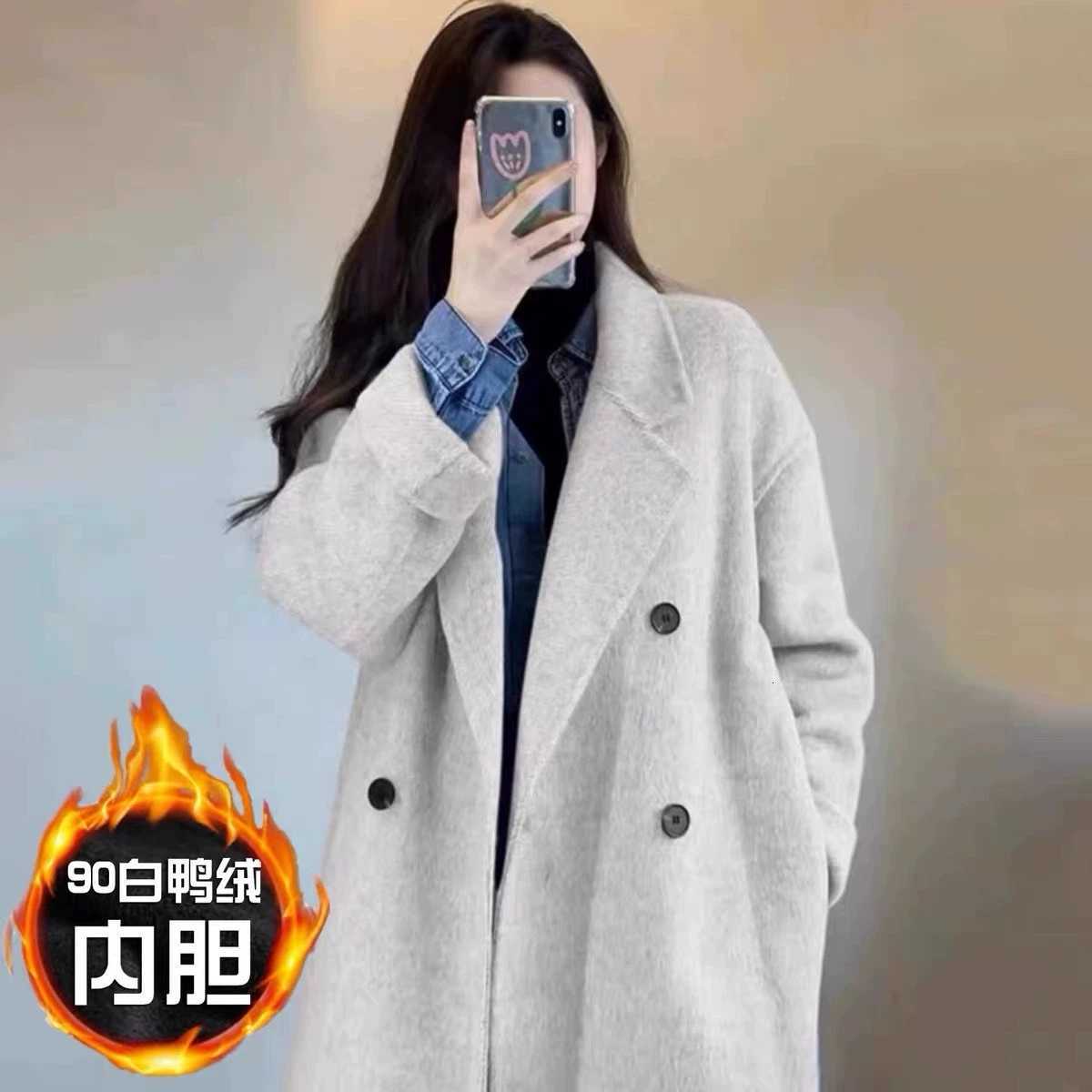 Grey Doublesided Cashmere Coat Womens 2025 Winter New Korean version Loose Thick Down Woolen Coats Solid Casual Long OvercoatT251101