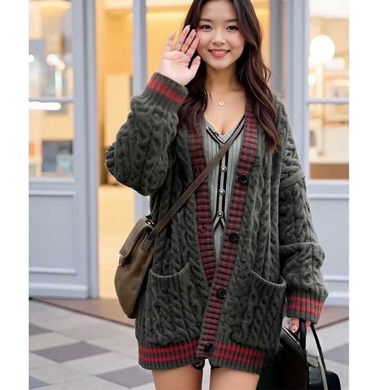 Korean Style Pocket Knitwear Fashion Autumn Long Sleeve Women Cardigan Sweater Casual Vneck Button Loose Elegant Knitted TopsT251101