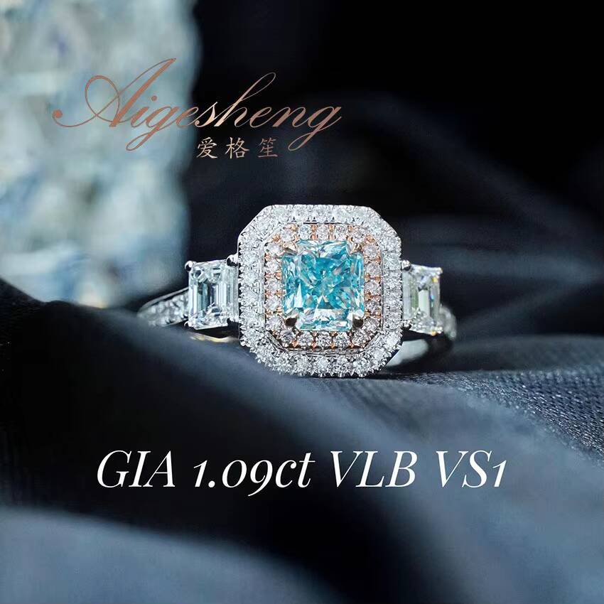 Aigesheng 18K White Gold and Natural White and Blue Diamond High End Wedding Ring Luxury Jewelry