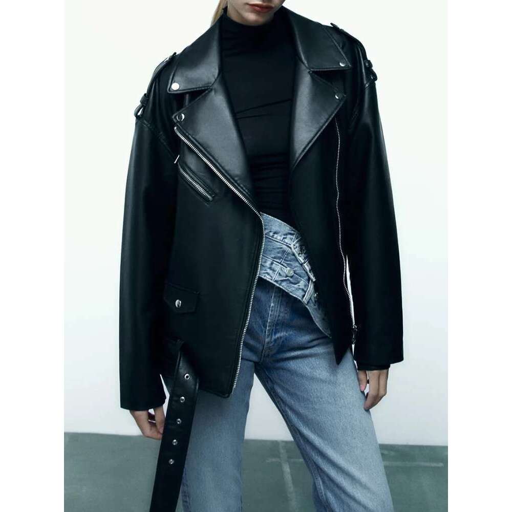 hoodie Baseball Jacket Aigo Women Loose Motorcycle Biker Black Pu Faux Leather Jacket With Belt Spring Autumn Female Zipper Coat Outwear jacket