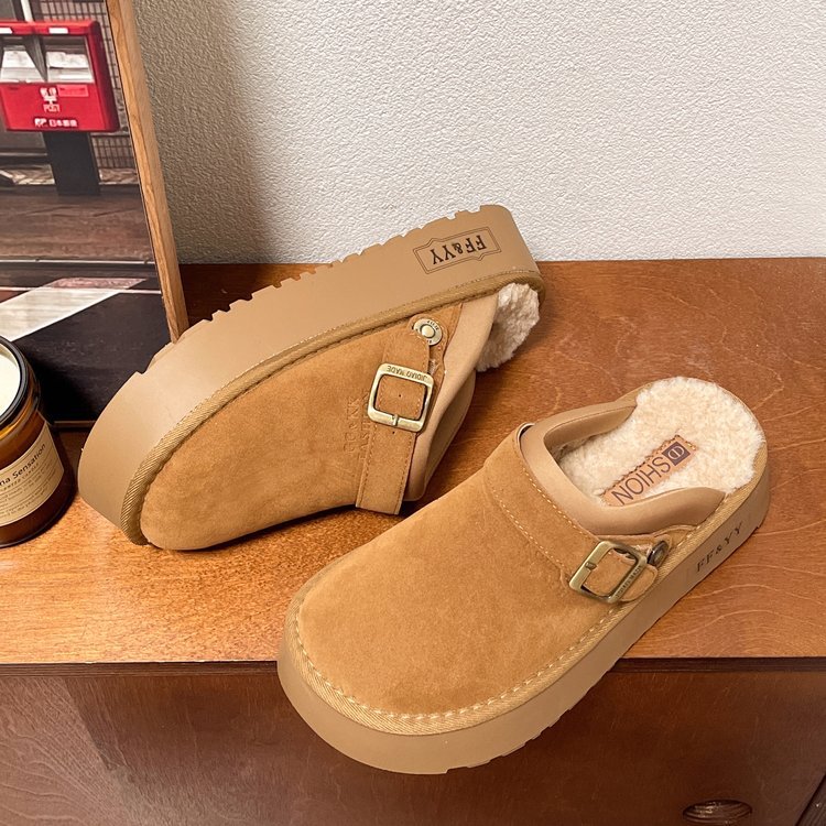 Women's thick-soled Birkenstock-style fluffy slippers 2025 autumn and winter collection slip-on snow boots fleece-lined