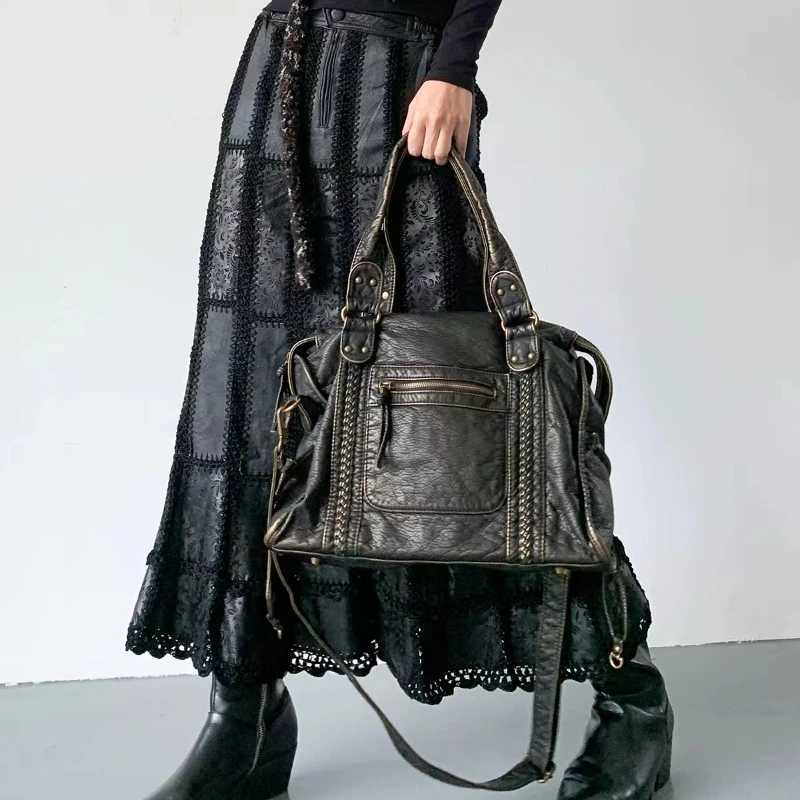 Y2K Spicy one Shoulder Crossbody Bag Vintage WAshed Leather Motorcycle Bag Large Capacity BagW251101